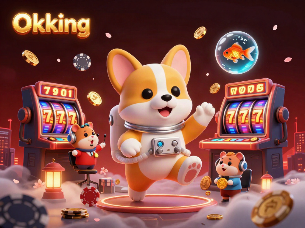Experience Okking in a vibrant casino scene with a floating astronaut corgi among jackpots and gold coins.