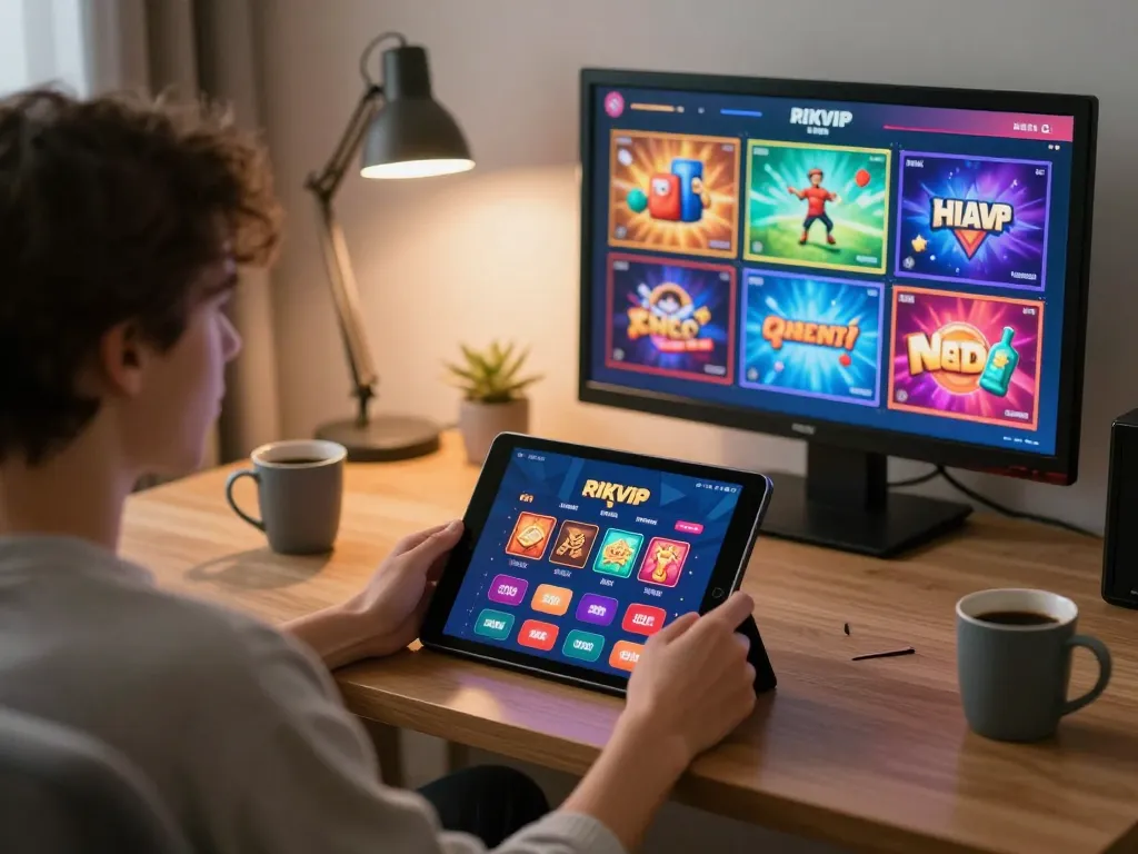 Engaged user playing RIKVIP casino app on tablet in a cozy home environment