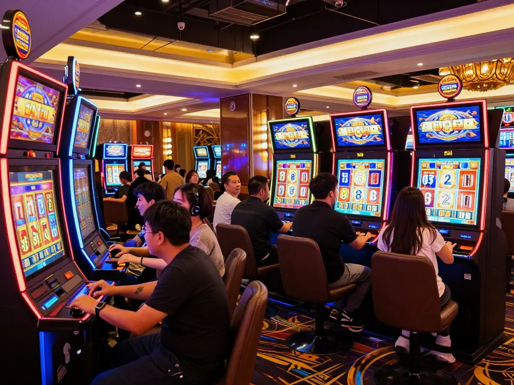 Players experiencing thrilling wins at slot machines while engaging with go99com games in a vibrant casino ambiance