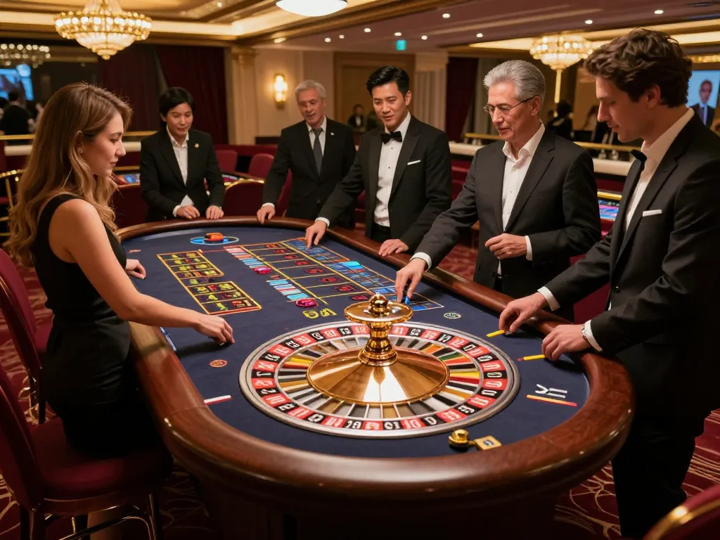 Players engaging in the excitement at JUN88's roulette table, showcasing luxury gambling experience.