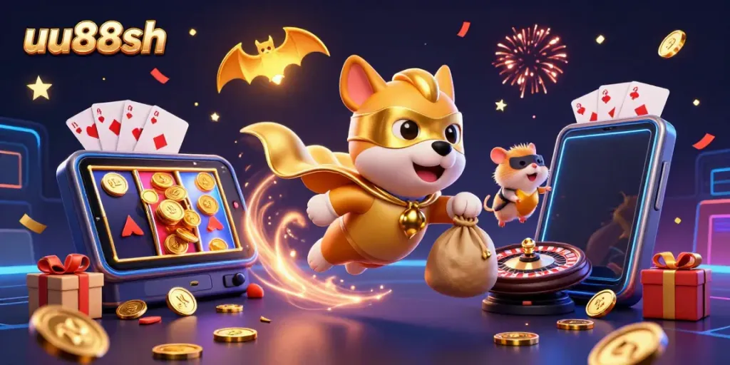 uu88sh gaming scene with a superhero dog and hamster among casino symbols and vibrant effects