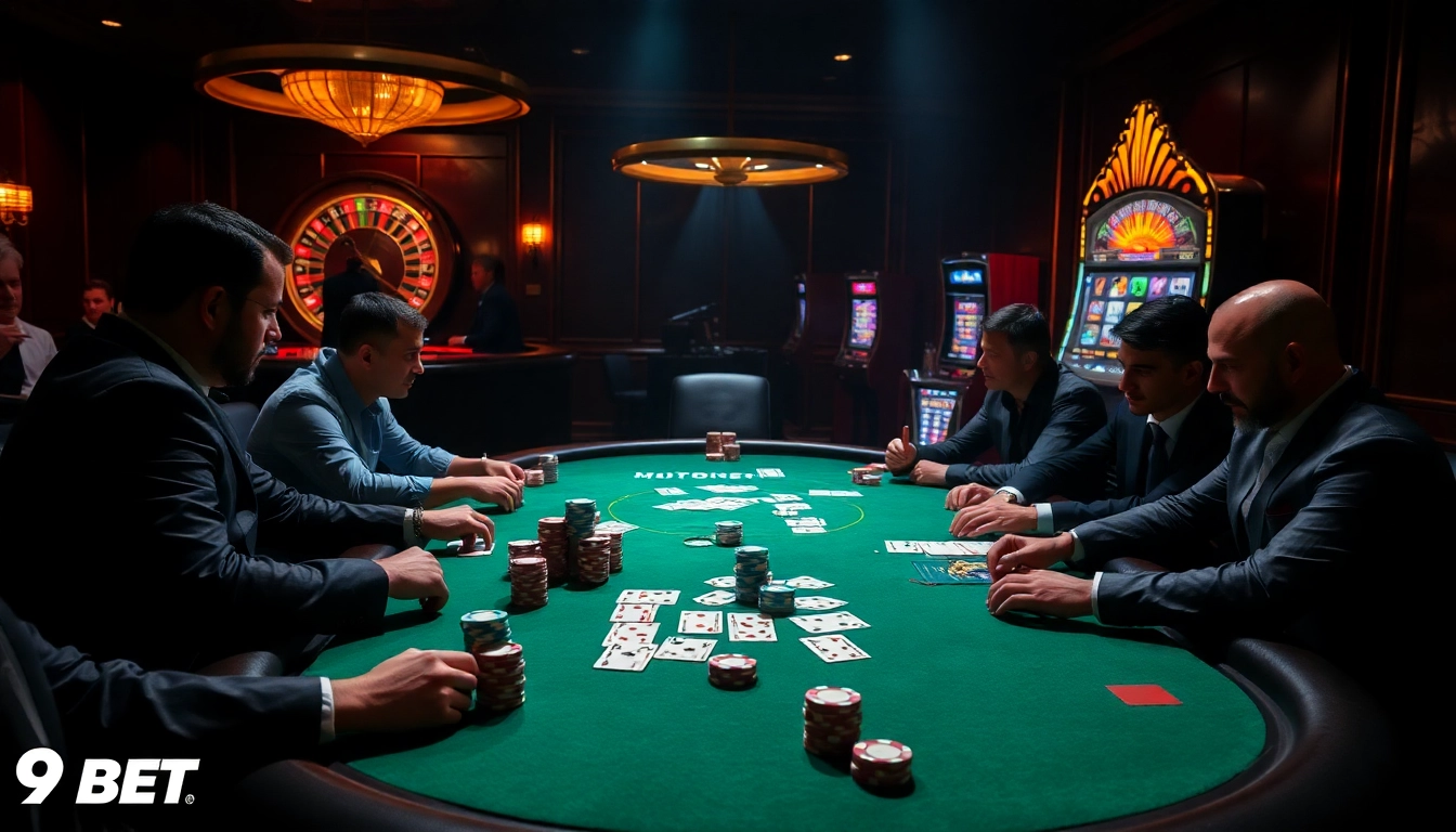 Experience intense poker gameplay at 9 BET casino with high-stakes options and luxurious ambiance.