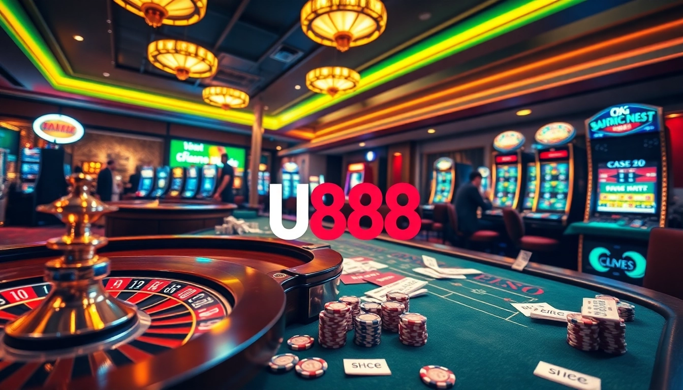 Exciting U888 casino scene with poker chips and roulette wheel, showcasing thrilling gameplay.