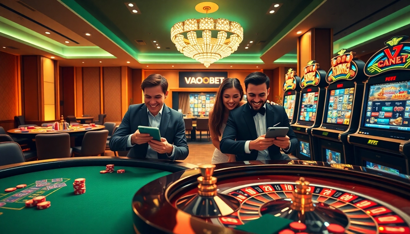 VAOBET players enjoying a thrilling online casino experience with poker and roulette.