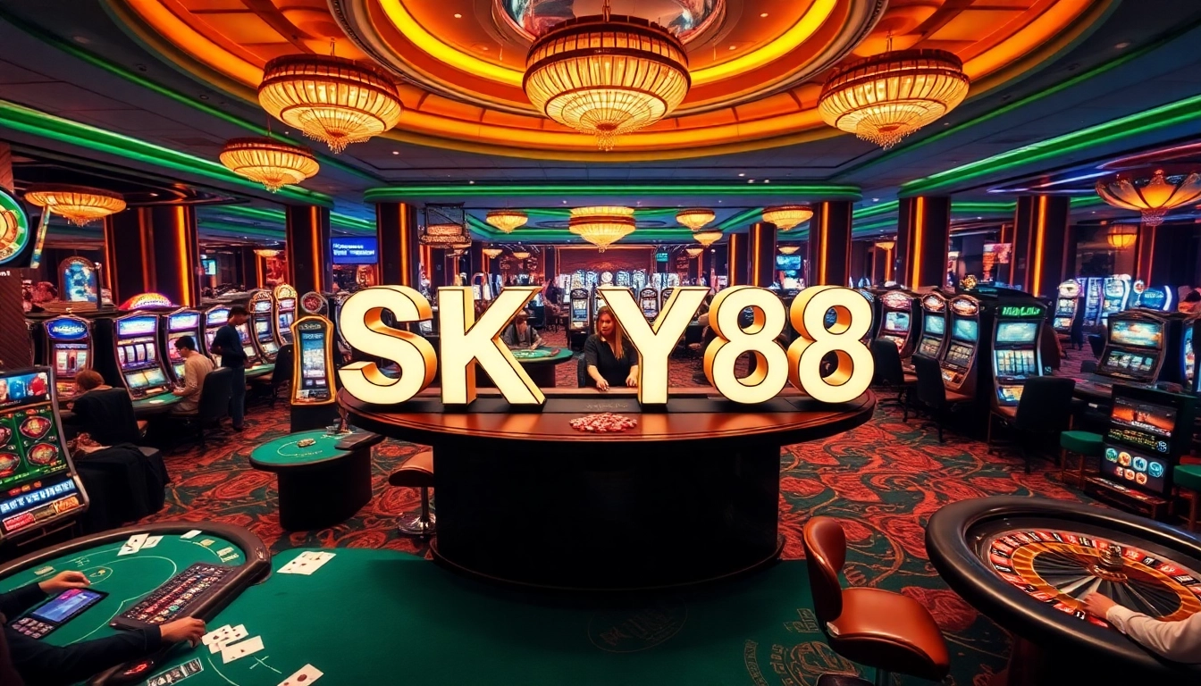 Bet big at SKY88 Casino with luxurious gaming tables, vibrant patrons, and thrilling slot machines.