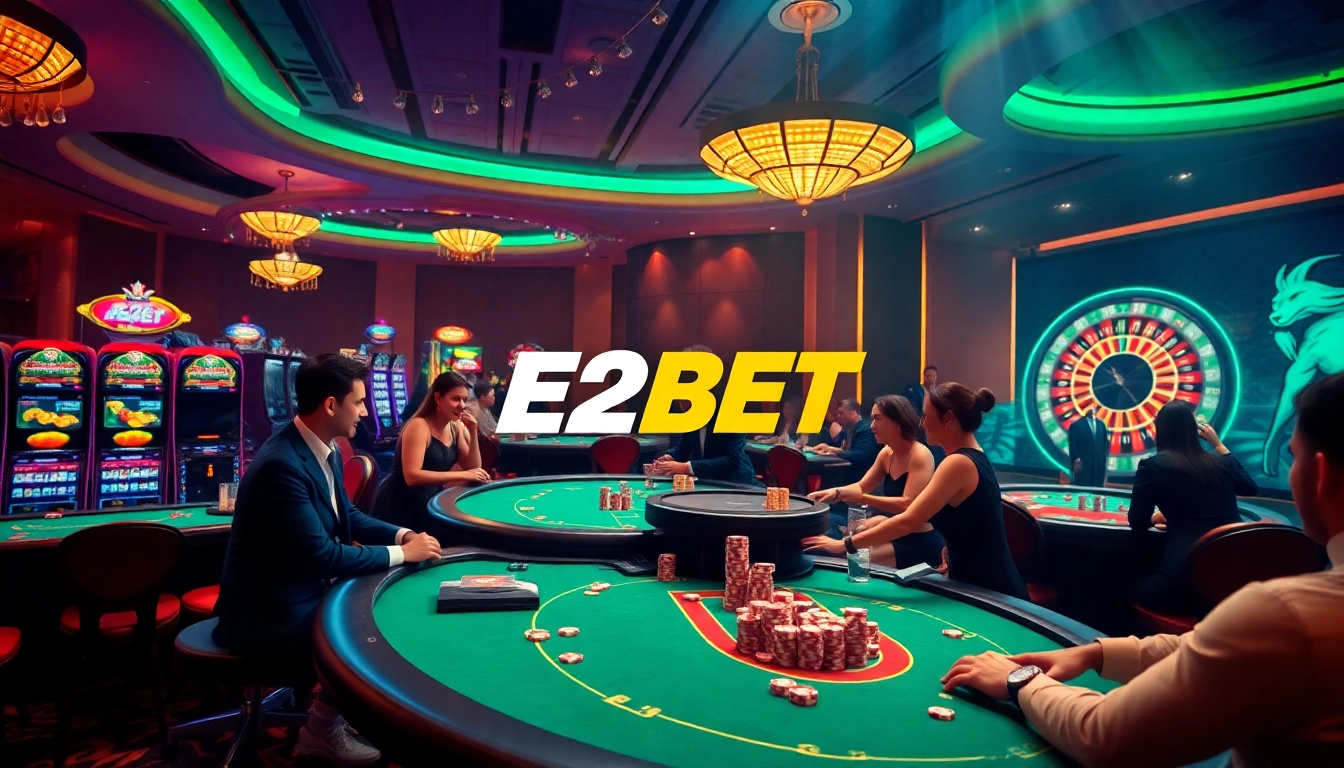 Players enjoying a thrilling casino experience at E2BET, with vibrant tables and exciting games.
