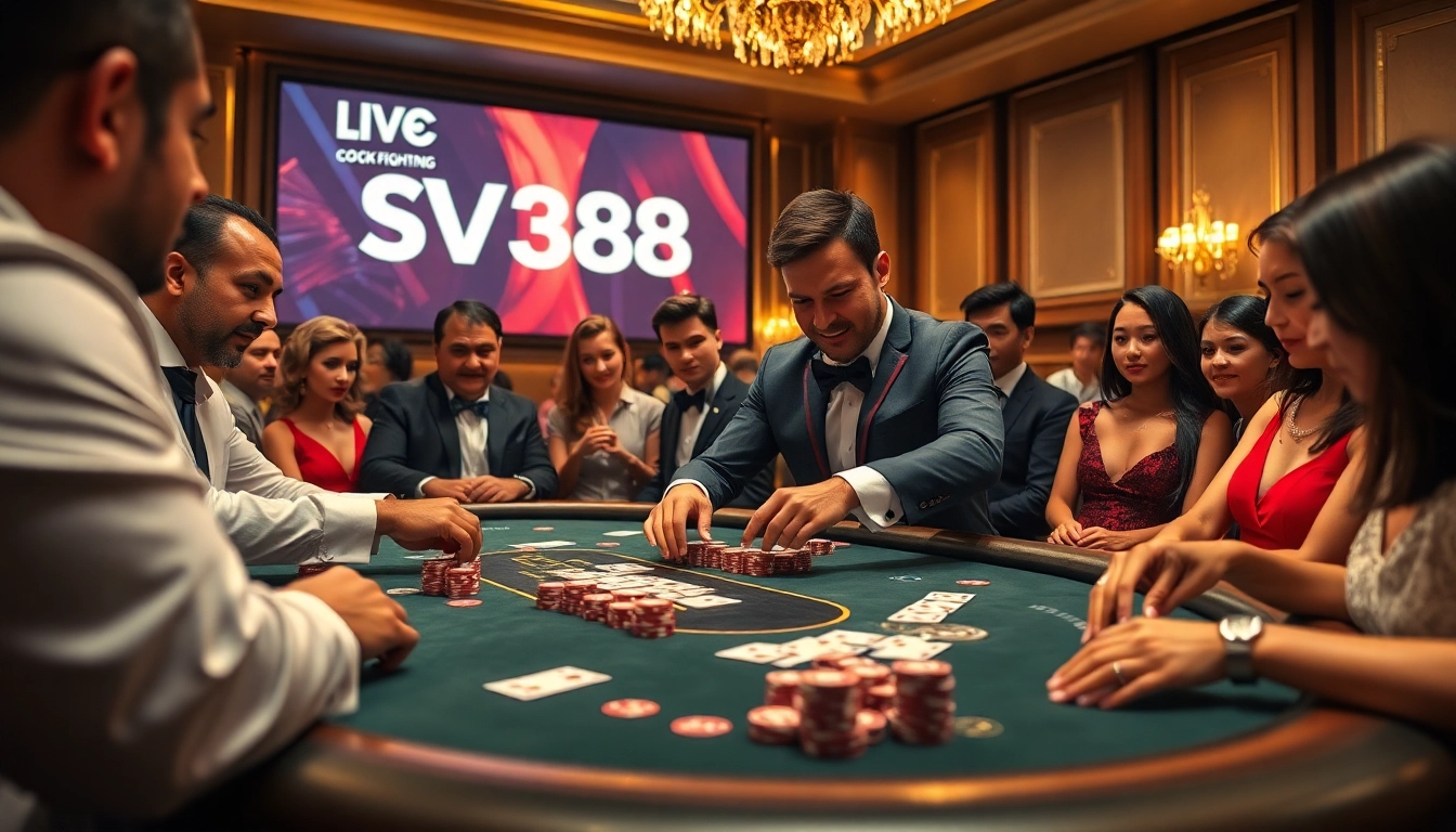 Engaging poker scene showcasing SV388 as players strategize their bets at a high-stakes table.