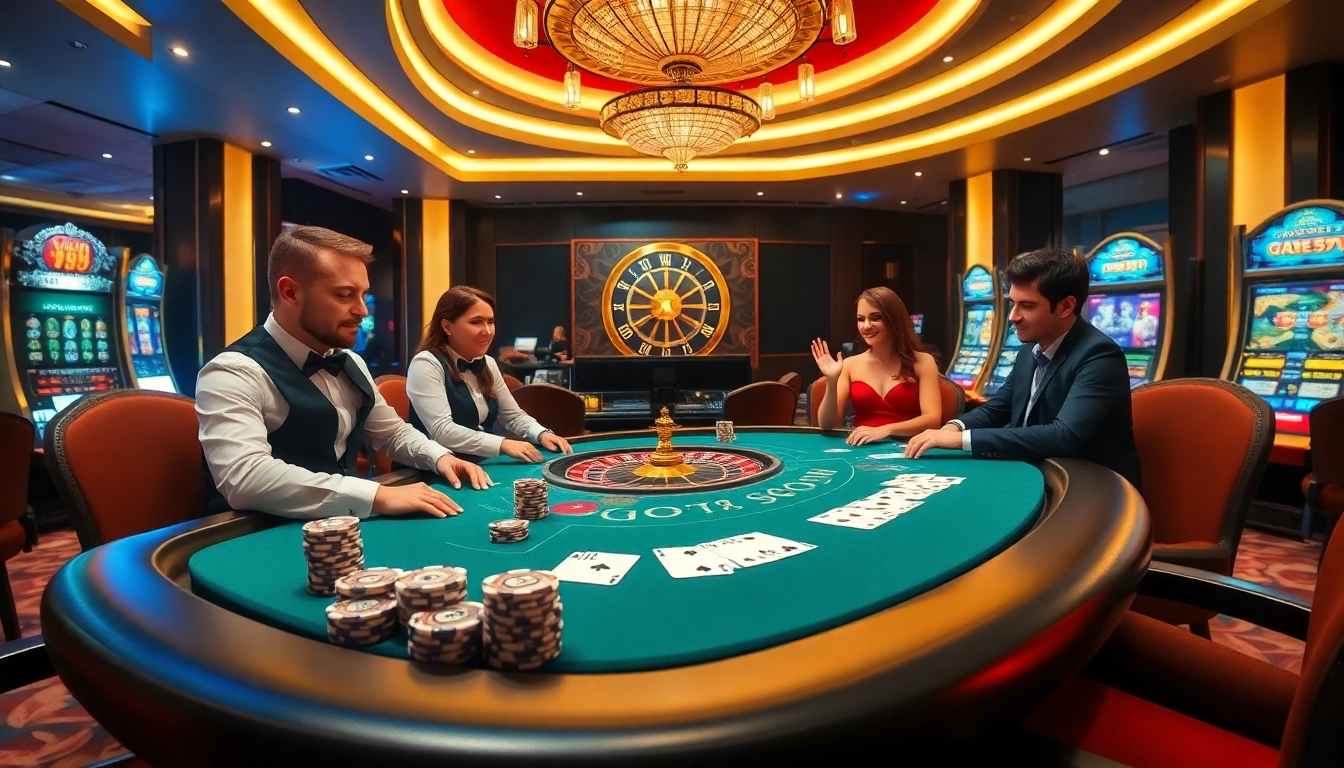 Players enjoy high-stakes poker at a vibrant go99 casino table, highlighting excitement and strategy.