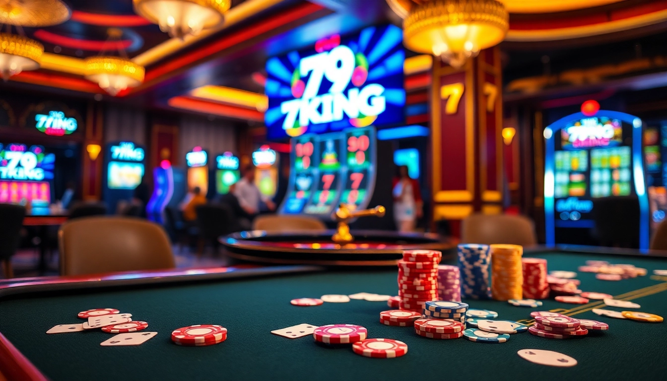79KING logo displayed energetically at a lively casino table with poker chips and cards.