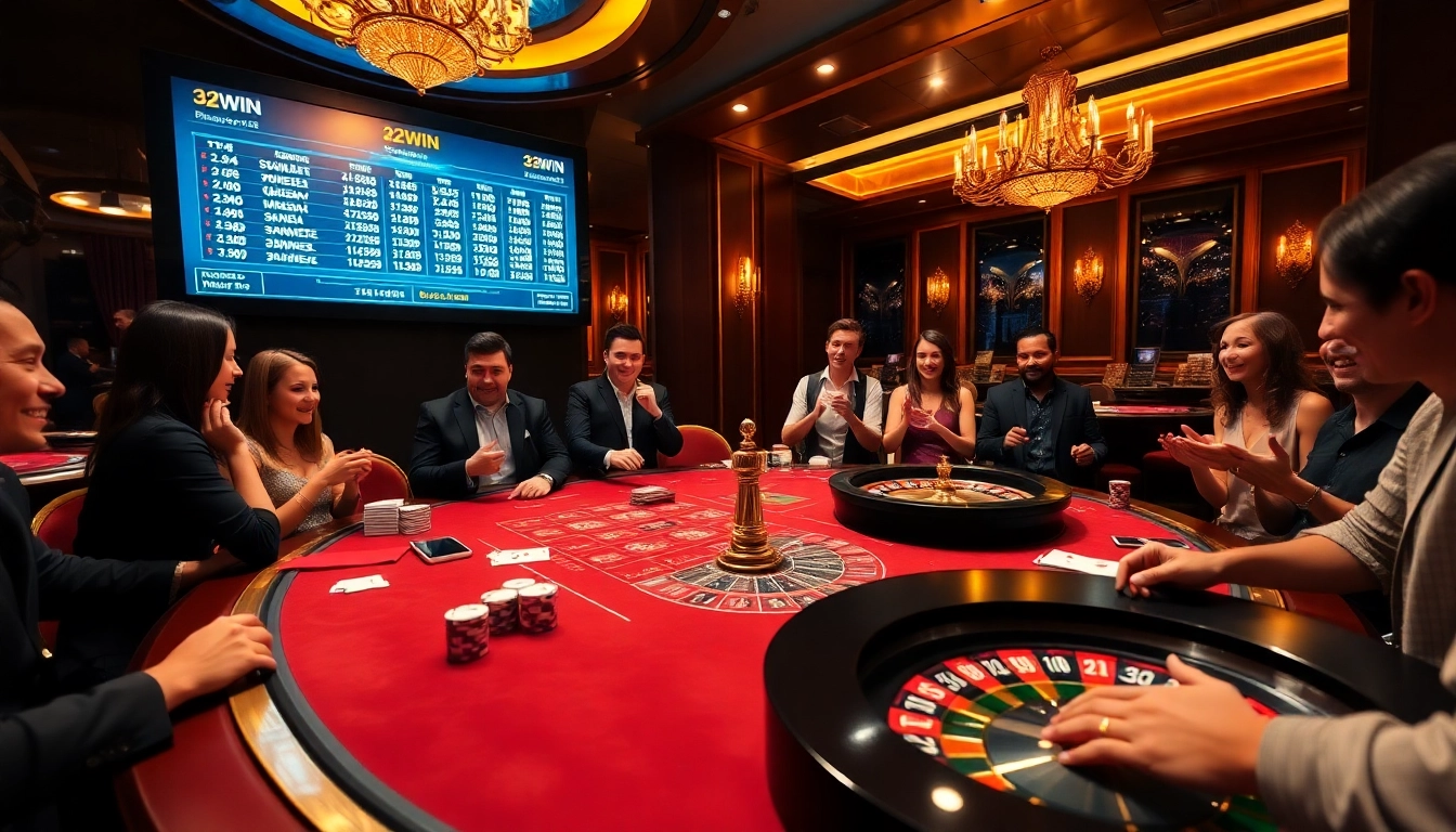 Players celebrating their wins at the 32WIN casino gaming table with vibrant atmosphere.