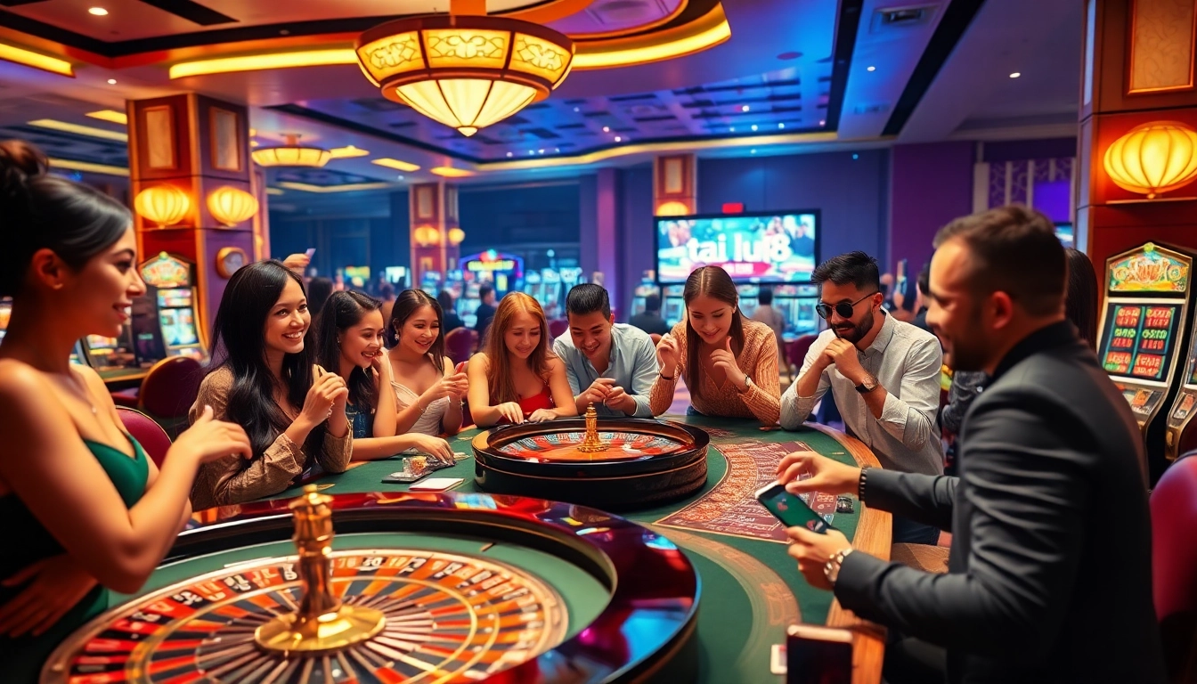 Tải lu88 mobile gaming experience in a luxury casino atmosphere with engaged gamblers.