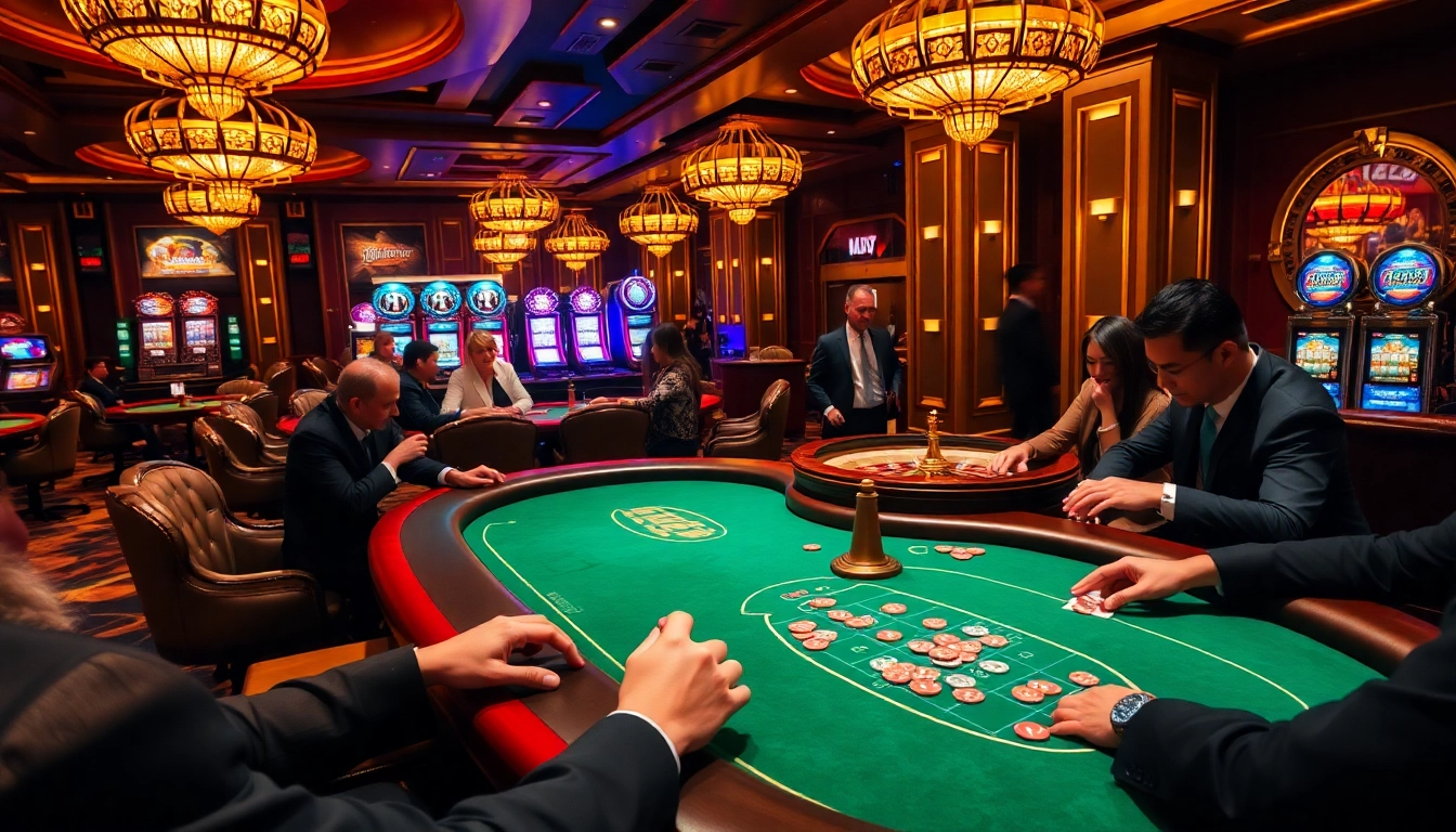Cảnh casino lấy cảm hứng JD88 với các người chơi poker đang lên chiến lược tại bàn chơi sống động.