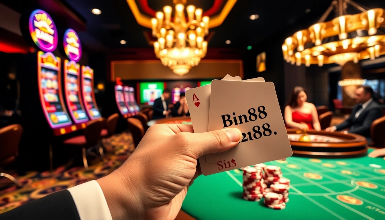 Experience the thrilling ambiance of Bin88 casino with poker chips and roulette excitement.