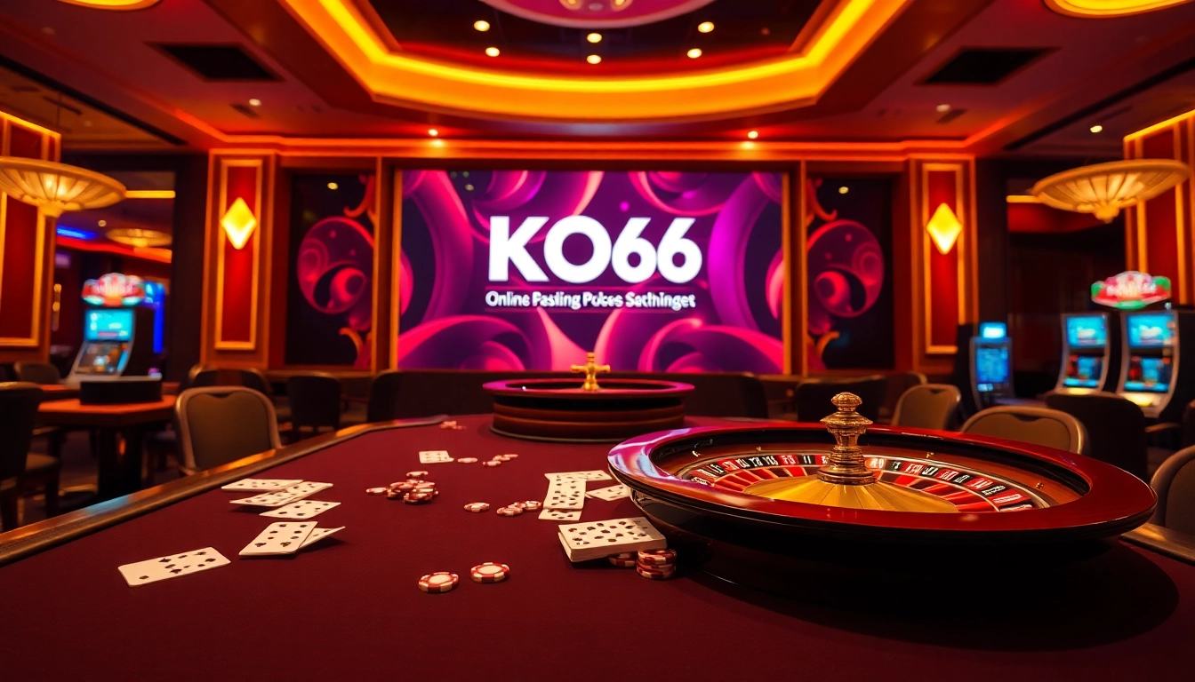 Các người chơi tham gia tại một bàn casino KO66 sang trọng với bài và chip, thể hiện sự phấn khích.