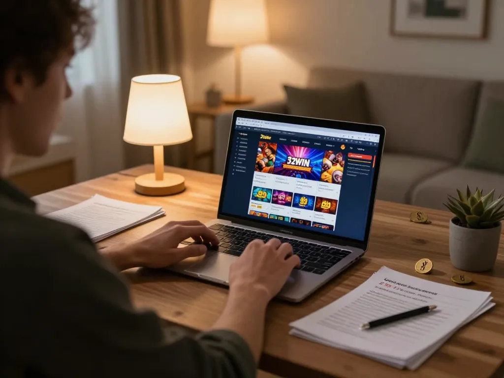 Player placing bets on 32win with a laptop in a cozy home environment, showcasing online gambling