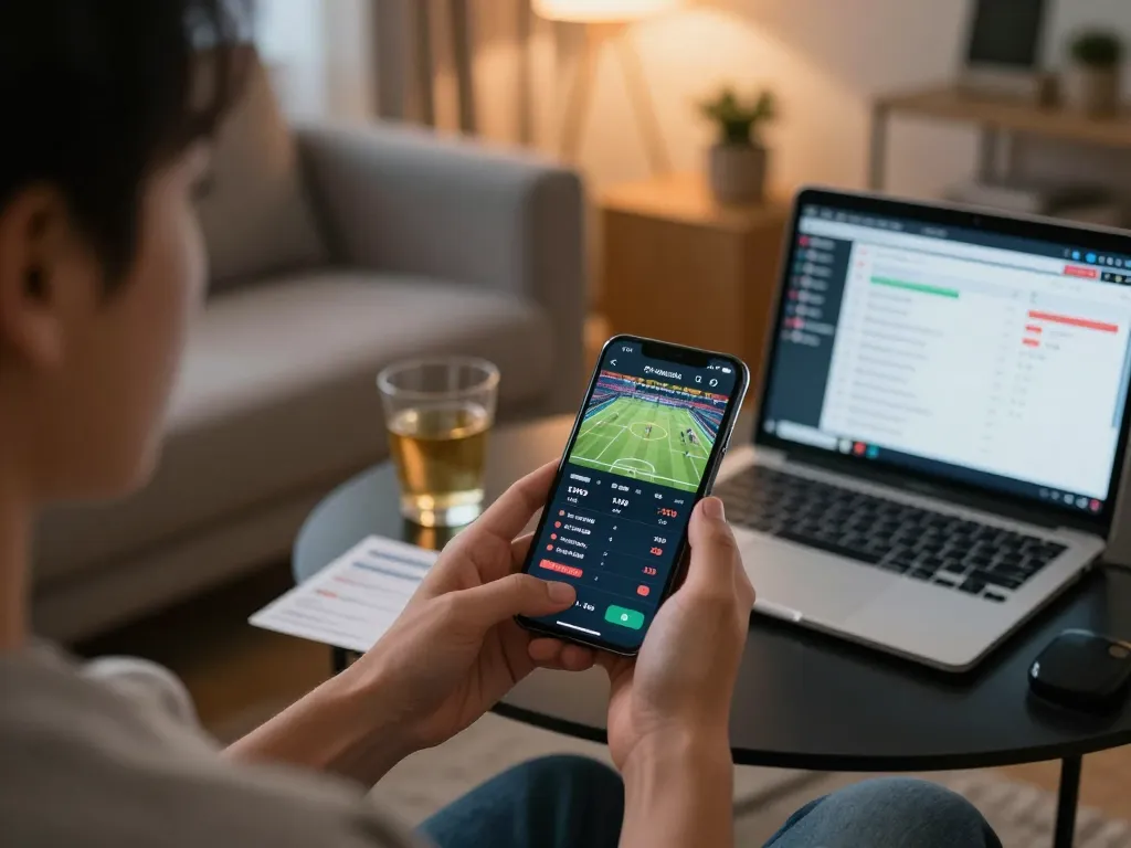 Engaging with Khuyến mãi lucky88 through a sports betting app in a cozy home setting.
