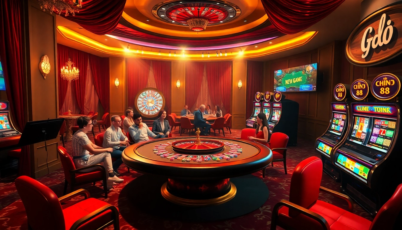 Experience the excitement of go 88 at a luxurious casino featuring poker tables and vibrant slot machines.