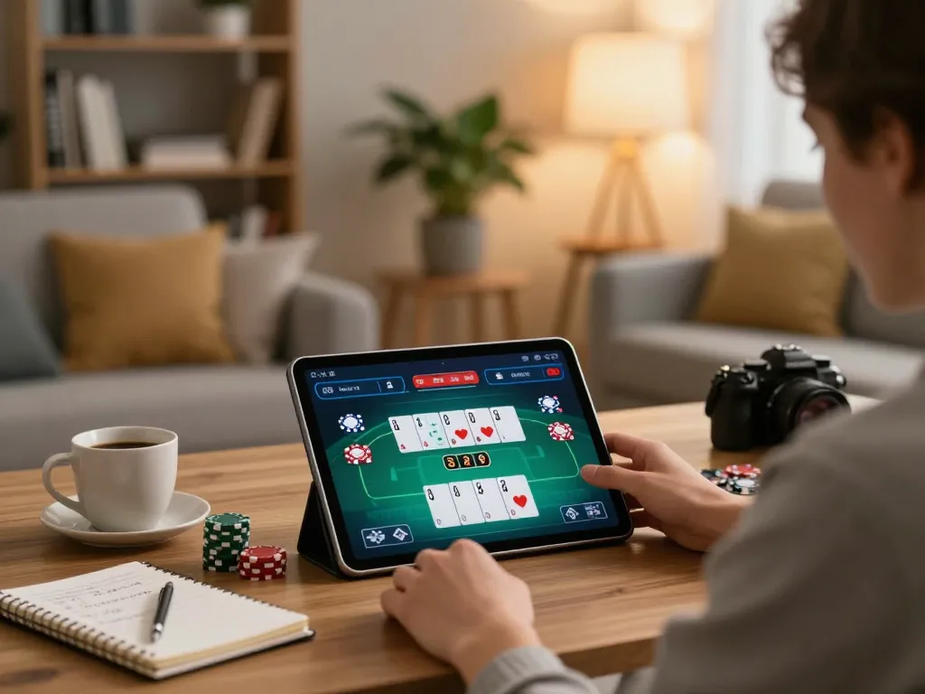 cm88 user enjoying online poker gameplay on a tablet in a cozy home setup