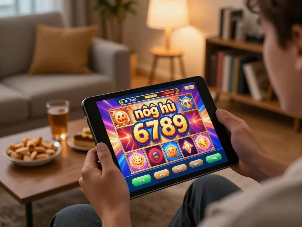 Engaging in nổ hũ 6789 gameplay on a tablet, showcasing vibrant slot machine interface in a cozy setting.