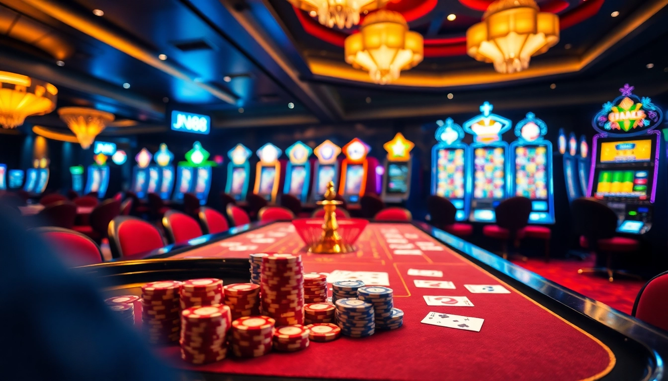 Experience the excitement of Jun88 with colorful slot machines and poker games in a luxurious casino setting.