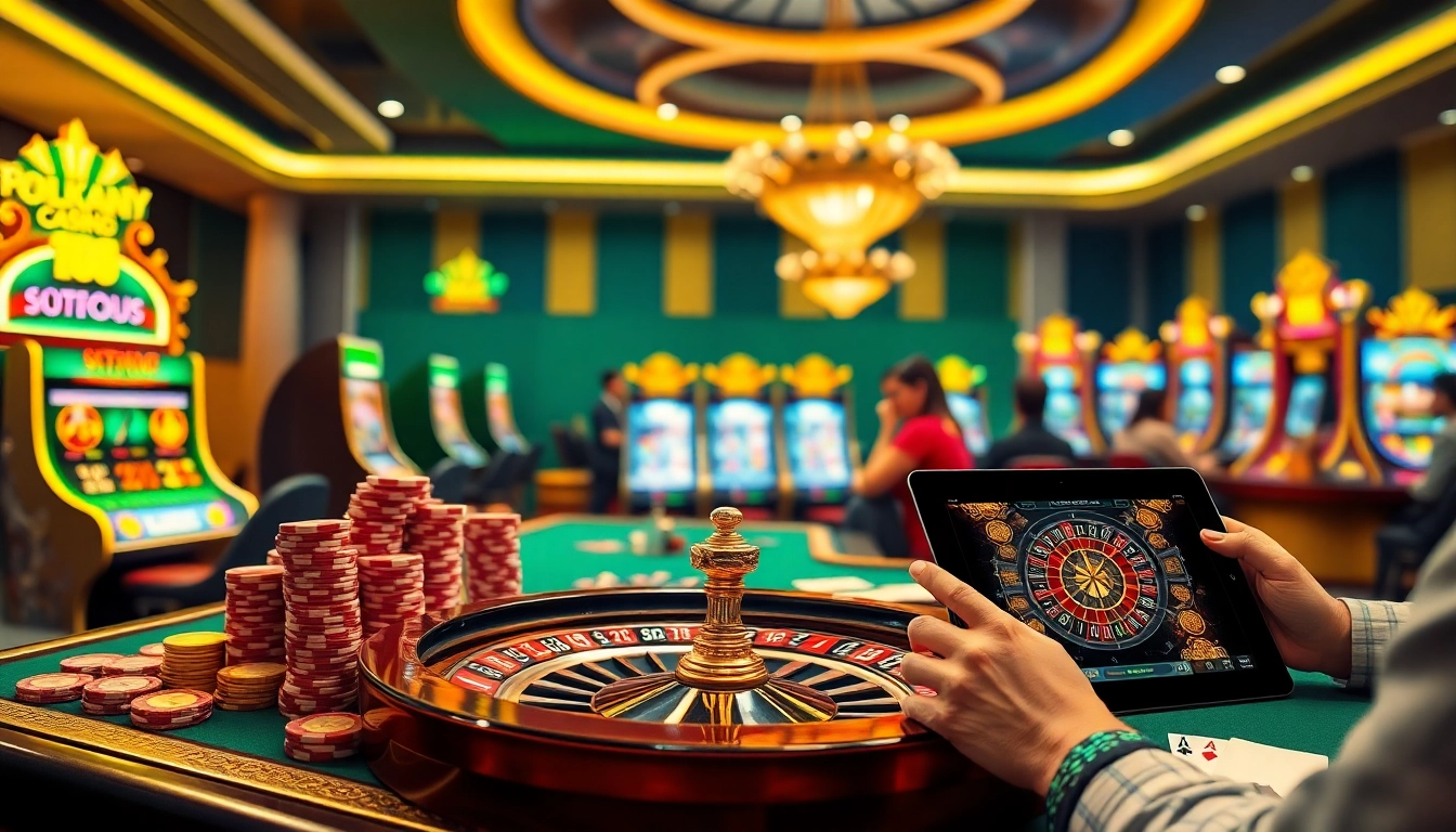 Exciting scene showcasing players enjoying 918kaya APK at a vibrant casino with slot machines and poker chips.