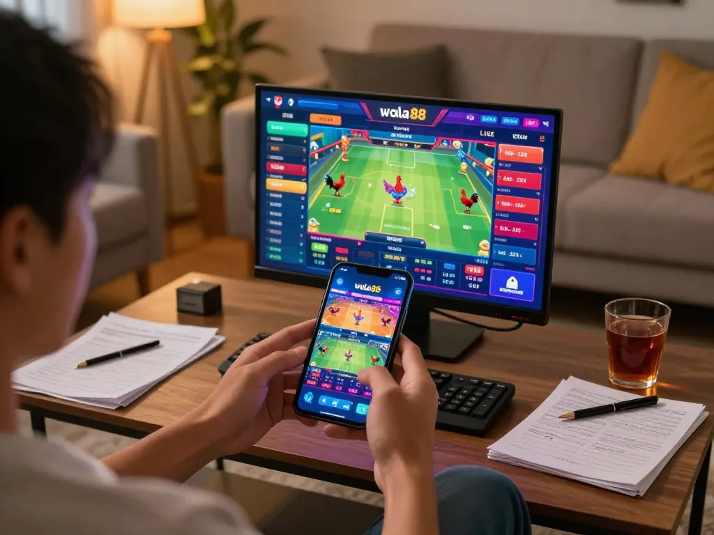 Engaged player using the wala88 app for online cockfighting betting in a lively home setting.
