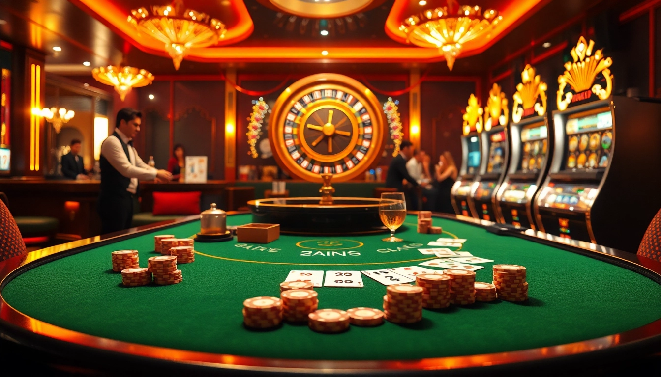 Players enjoying a thrilling game at uu88's vibrant casino table with poker chips and cards.