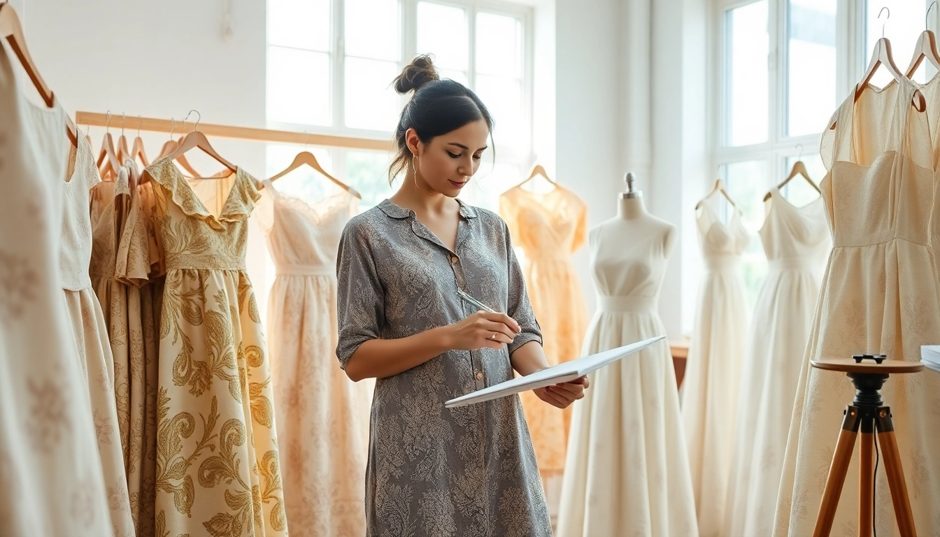 Linnen stof voor jurken in een studio met een modeontwerper die ontwerpen schetst.