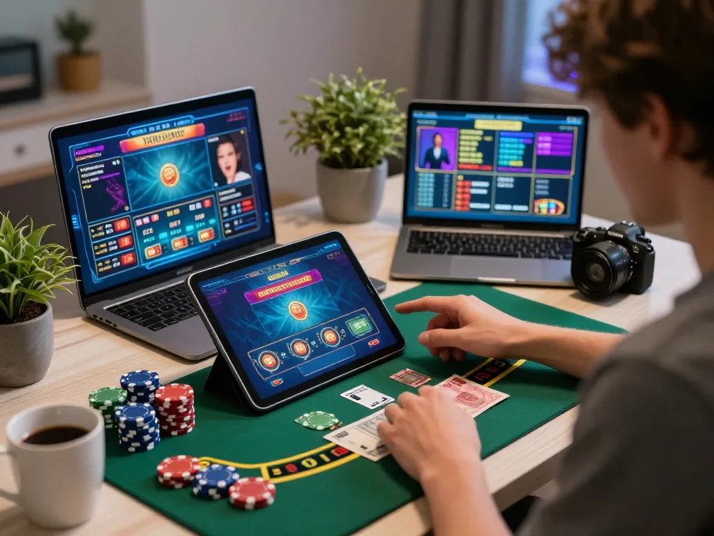 Engaged player enjoying a live dealer blackjack game on tablet, kk44 gaming experience enhanced with comfortable home elements.