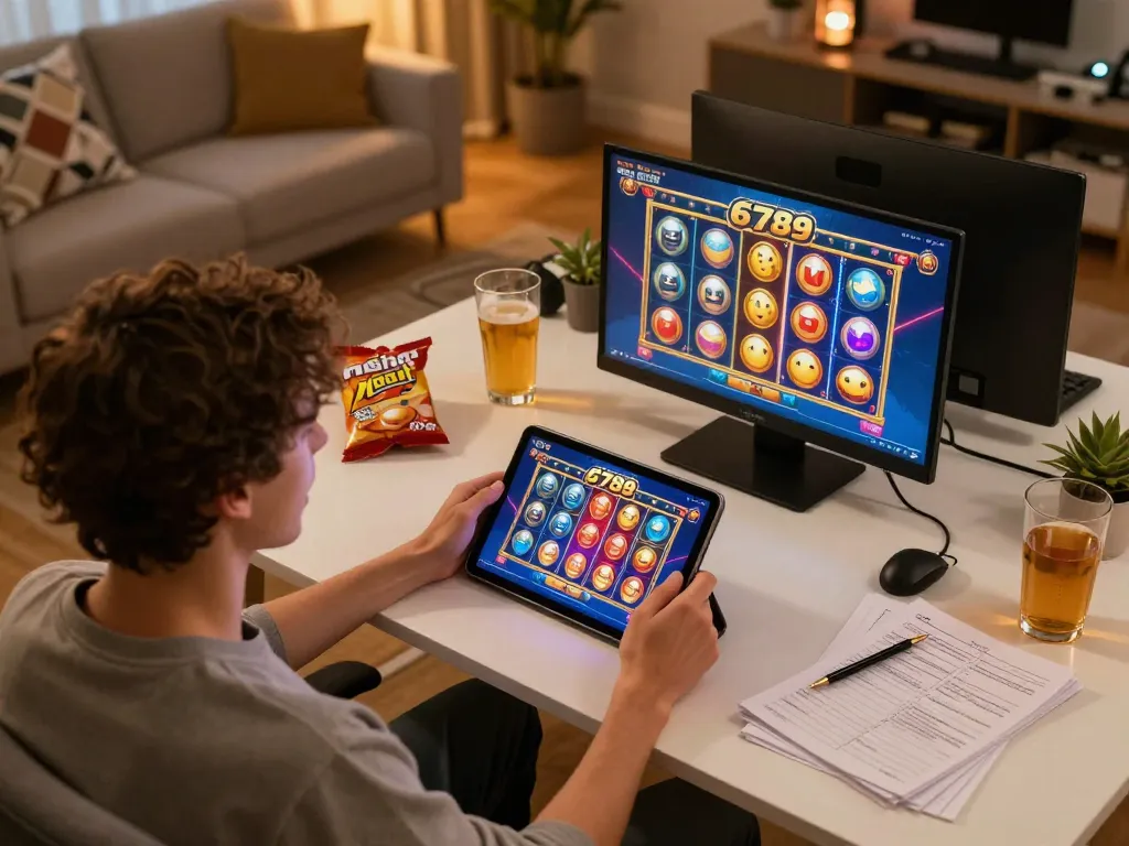 Player enjoying nổ hũ 6789 on a tablet at home, celebrating wins with excitement