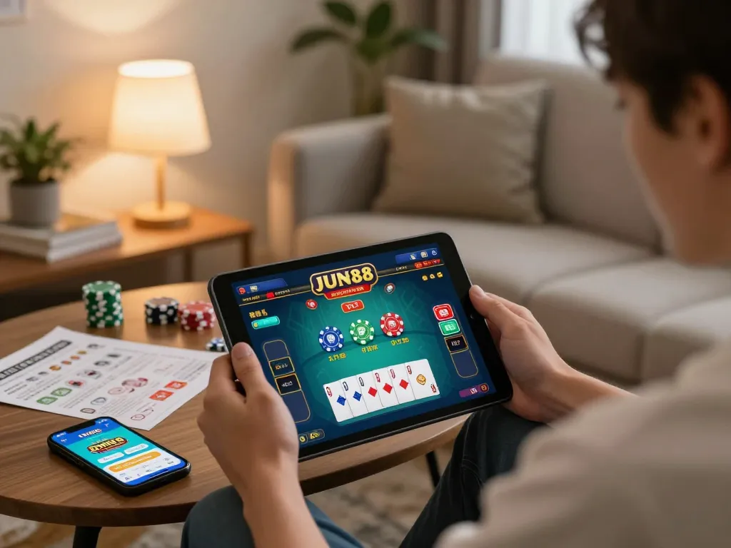 Engaging online gaming on Jun88 com with a player strategizing poker moves at home.