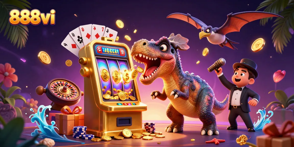 Engaging 888vi scene showcasing a pachycephalosaurus celebrating a jackpot at a slot machine amid a vibrant casino atmosphere.
