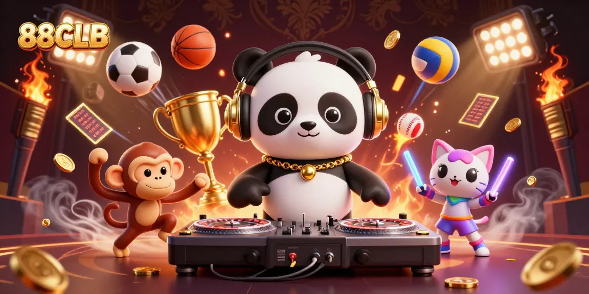 Engage with the vibrant 88CLB gaming scene featuring a DJ panda and lively characters in action.