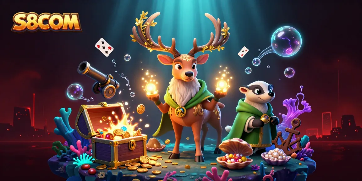 S8COM players experience vibrant 3D casino adventure with druid stag and floating cards.