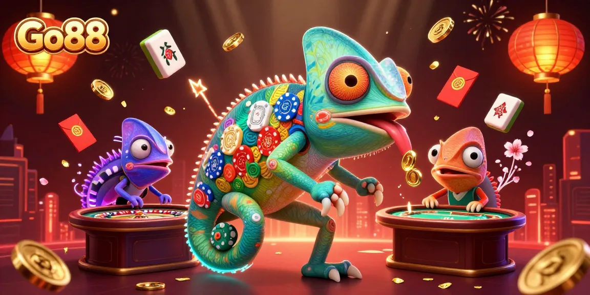 Experience the buzz of Go88 with dynamic casino elements and a colorful chameleon mascot.