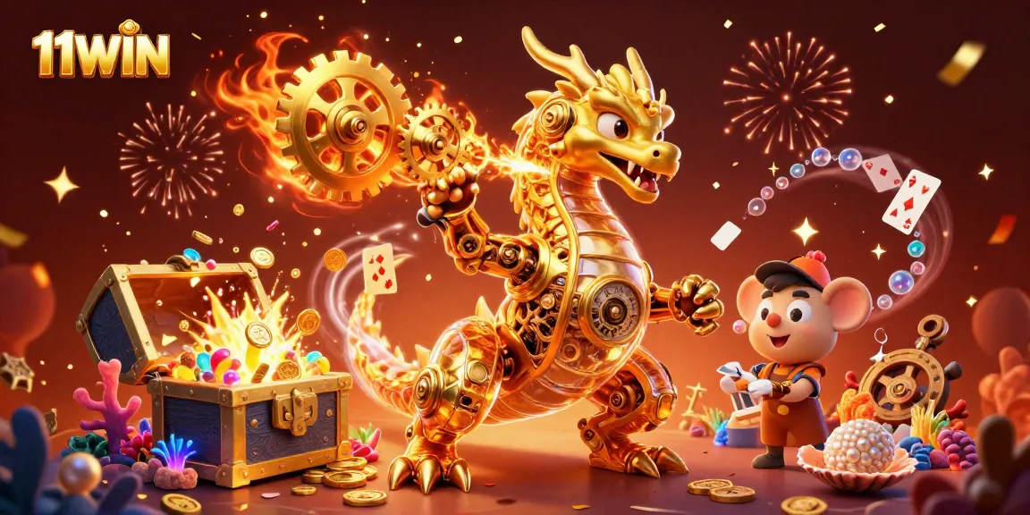 Engage with lively 11WIN gameplay featuring a golden dragon and rich casino elements.
