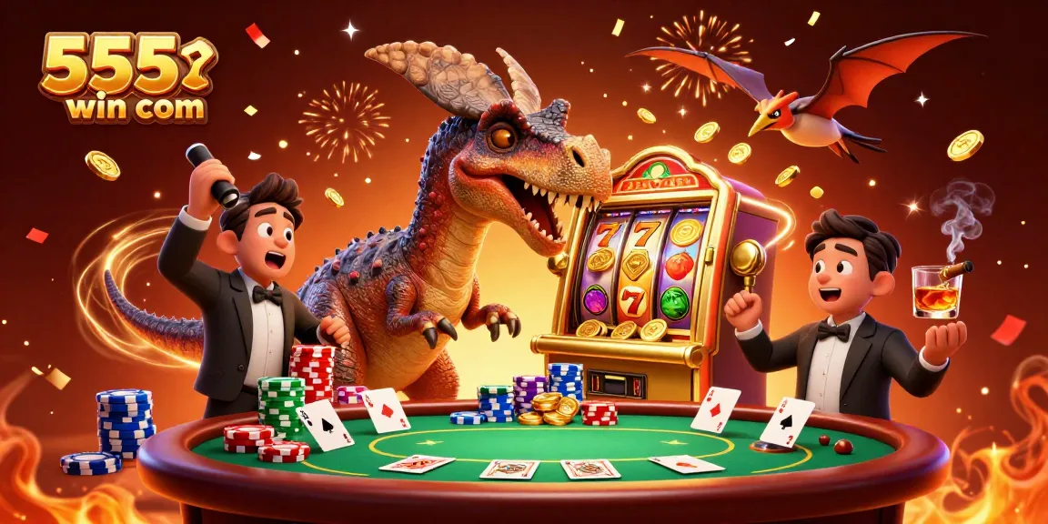 Winning jackpot coins at 555win com with 3D cartoon characters and lively casino elements.