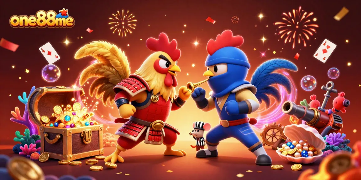 Experience excitement at one88me with 3D fighting roosters amidst a dynamic casino scene.