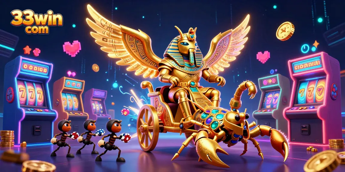 Experience winning strategies at 33win com with a vibrant, dynamic casino-themed 3D illustration.