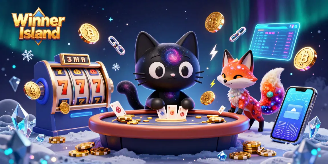 Experience the vibrant gaming world of Winner Island with an engaging cosmic casino scene filled with exciting slot games and crypto elements.