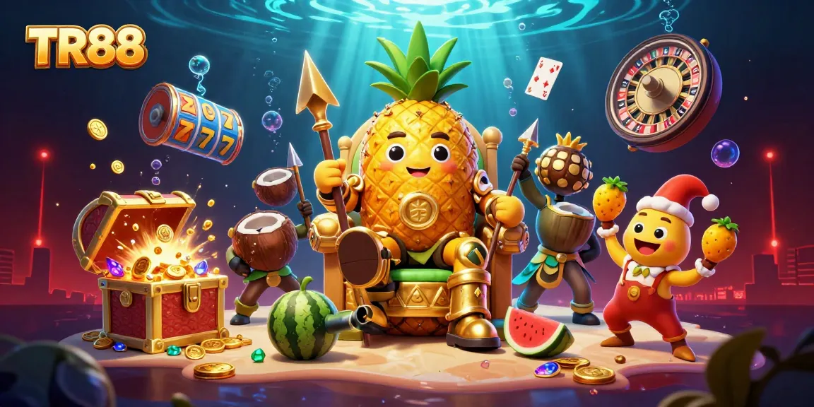 Experience thrilling TR88 casino adventures with a golden pineapple king amidst slot reels and exciting games.