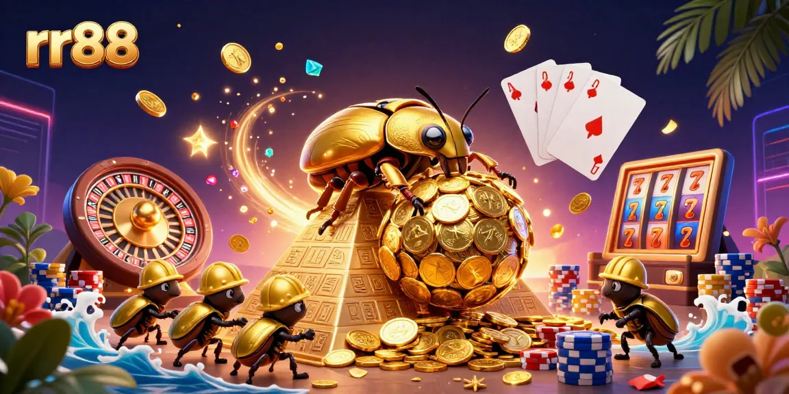 Experience the excitement of rr88 as a massive golden beetle navigates a pyramid of coins amidst vibrant casino elements.