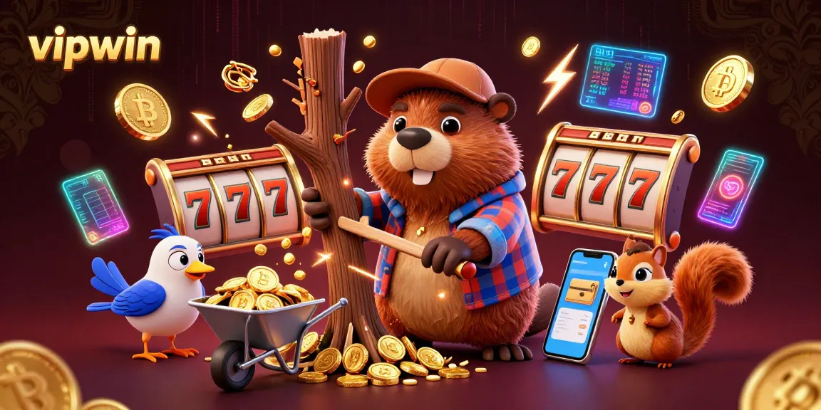 Win big at vipwin with the playful lumberjack beaver and golden coins raining down!