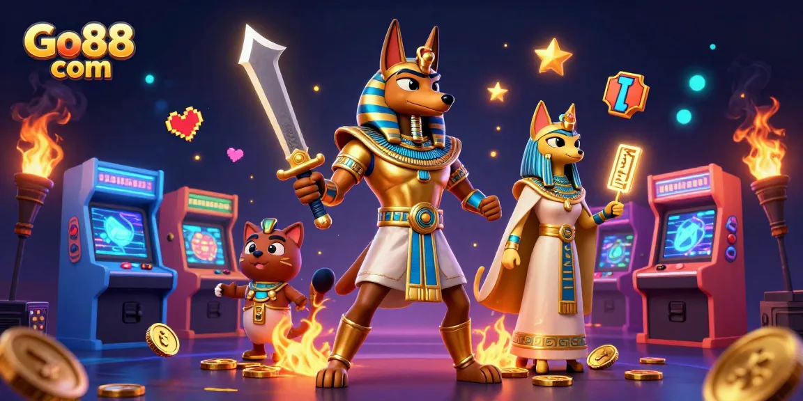 Experience thrilling gameplay at Go88 com with Anubis and Bastet in a vibrant casino scene.