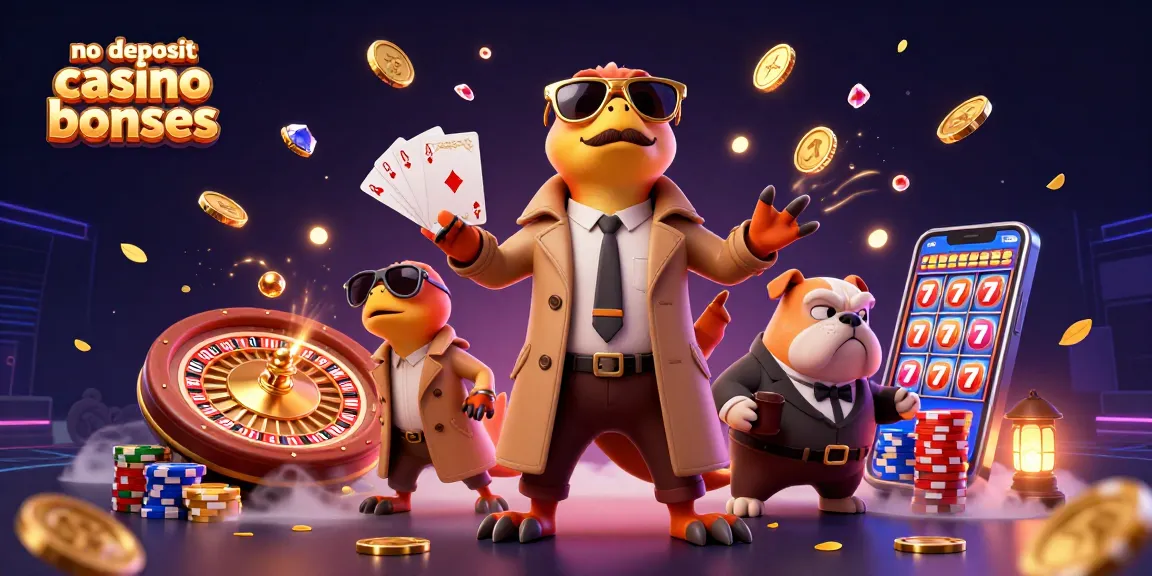 No deposit casino bonuses featured in a vibrant 3D illustration with raptors in a trench coat