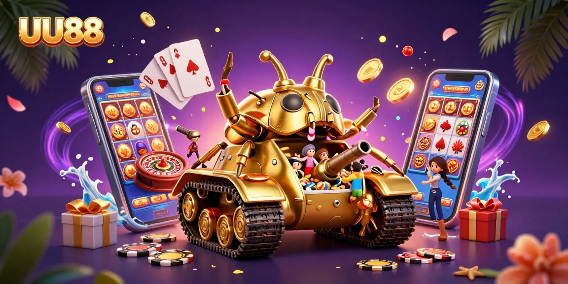 Experience thrilling action at UU88 with a golden beetle tank revealing a lively casino scene.