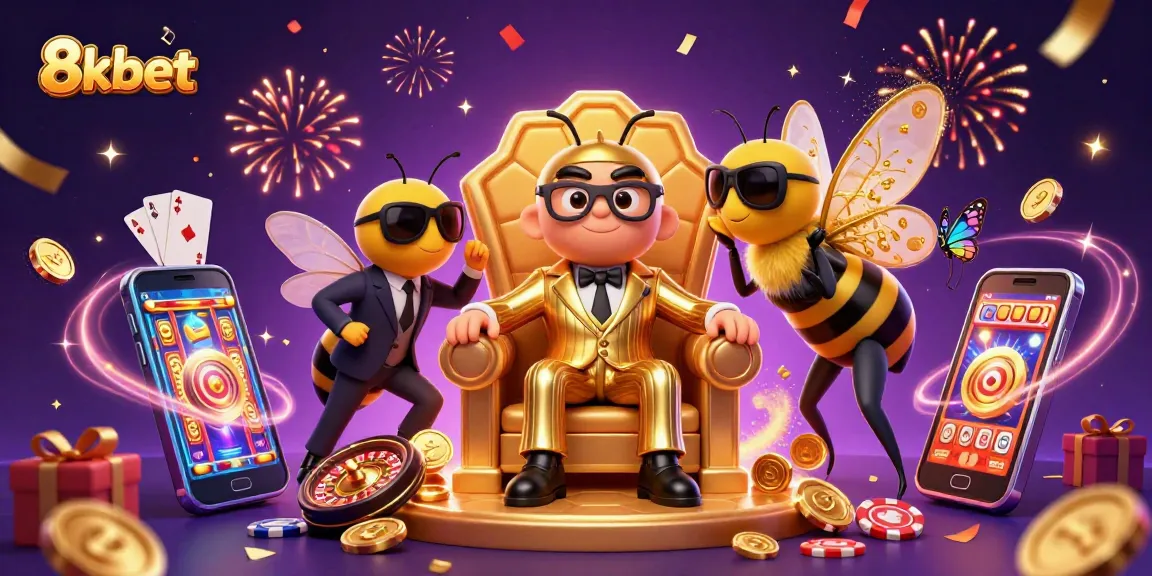Engage with 8kbet's vibrant casino scene featuring a bumblebee mob boss, game elements, and rich details.