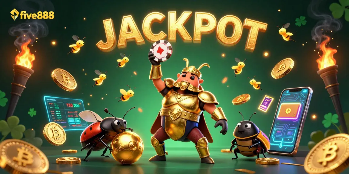 Experience the excitement of five888 as a heroic beetle celebrates a win amidst vibrant casino elements.