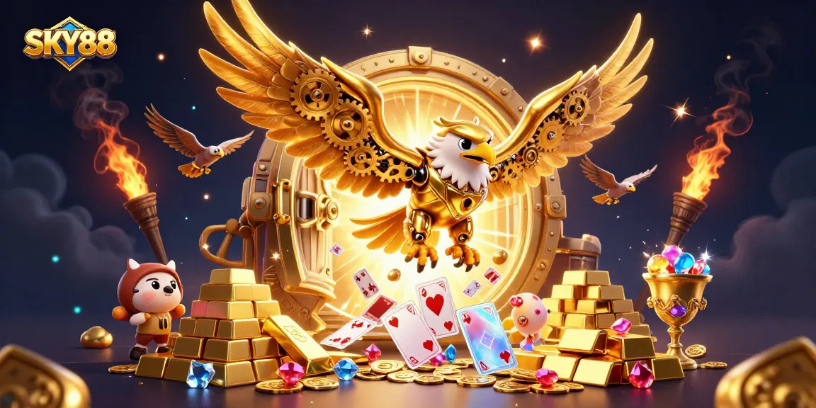 SKY88 players celebrate wins in an exciting casino scene with a cybernetic eagle and treasure.