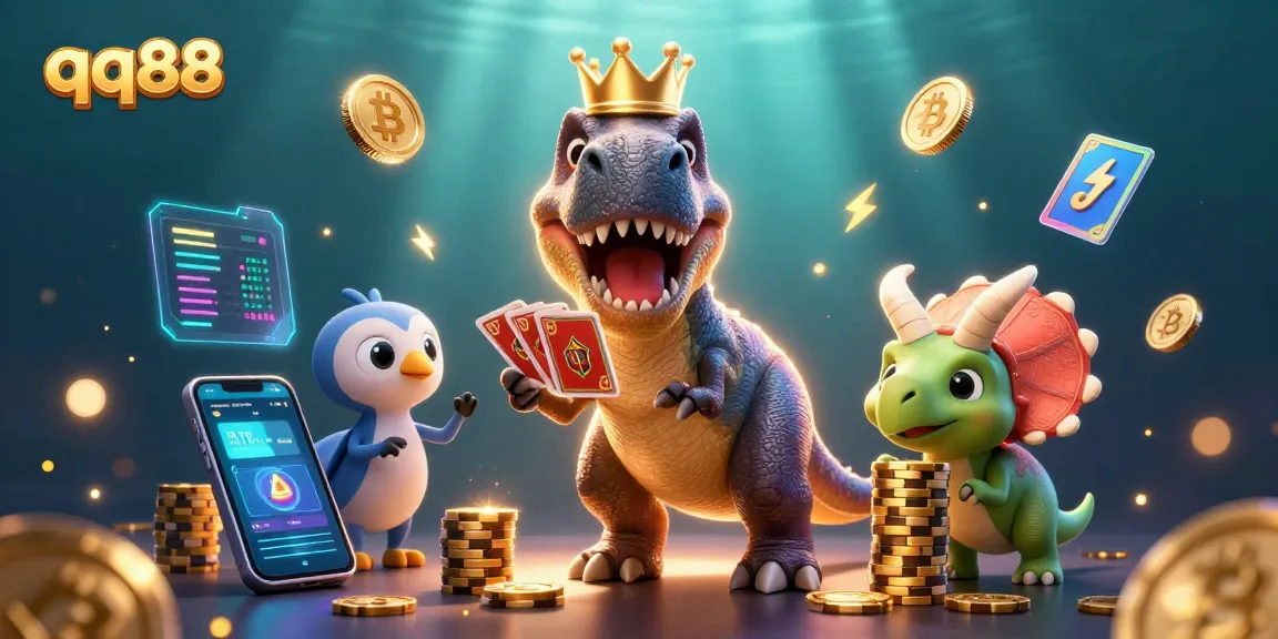 Experience thrilling gaming adventures at qq88 with playful dinosaur characters and vibrant casino elements.